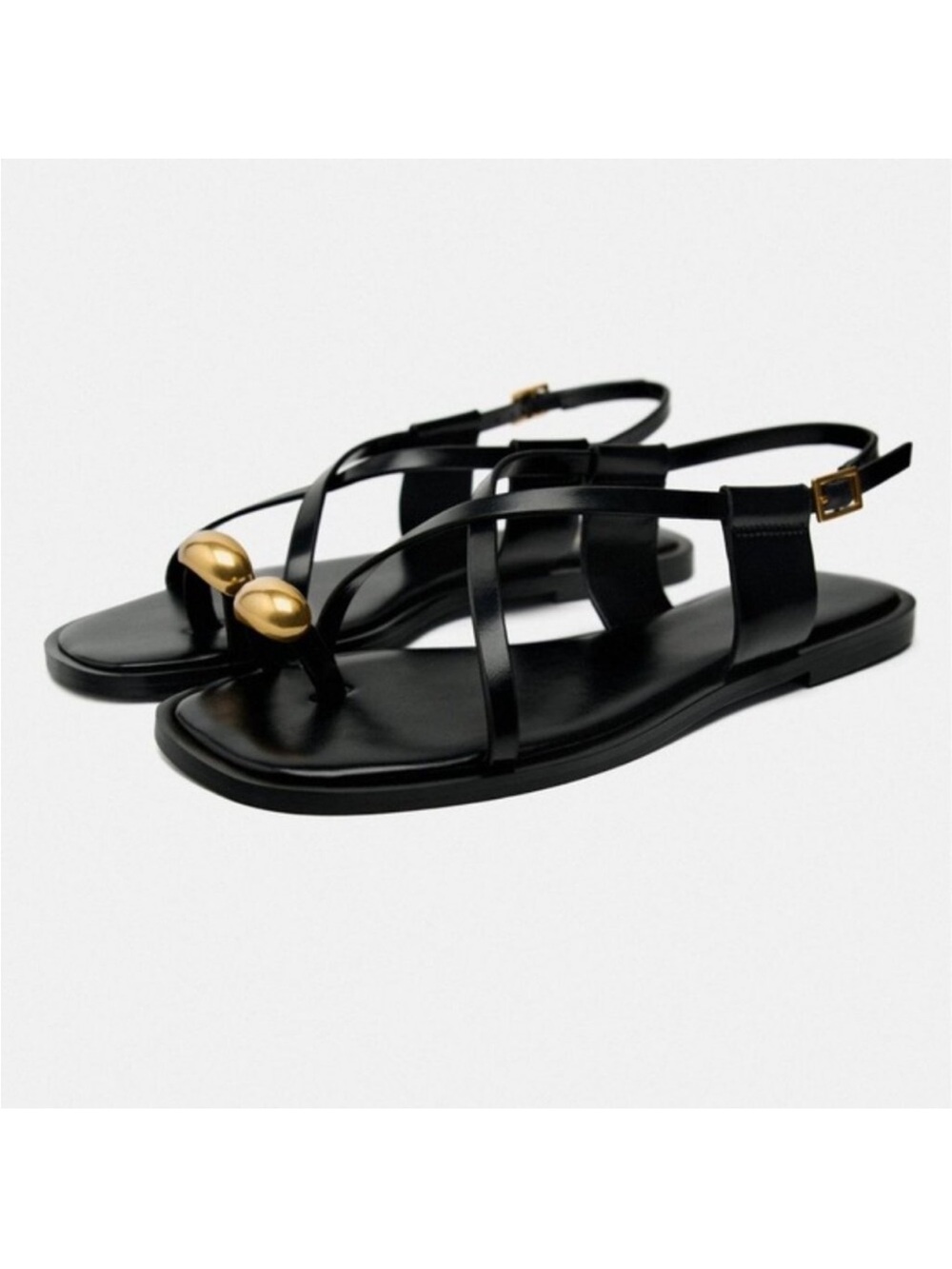 Zara Black Flat Strappy Leather Toe-Ring Sandals with Gold Detail Sz 39 - Picture 2 of 12